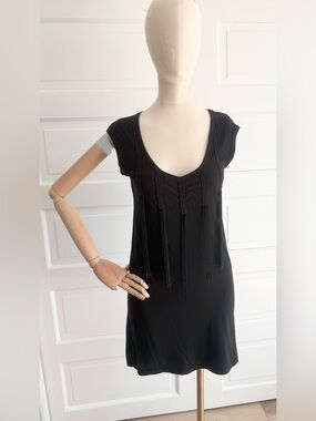 DKNY Black Beaded Fringe T-Shirt Dress